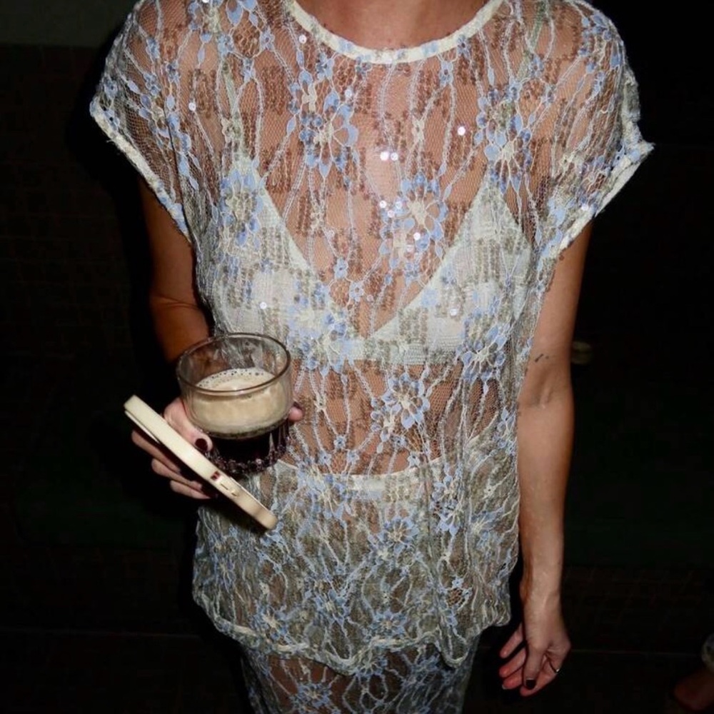 Sheer White Lace Sequin Two piece set